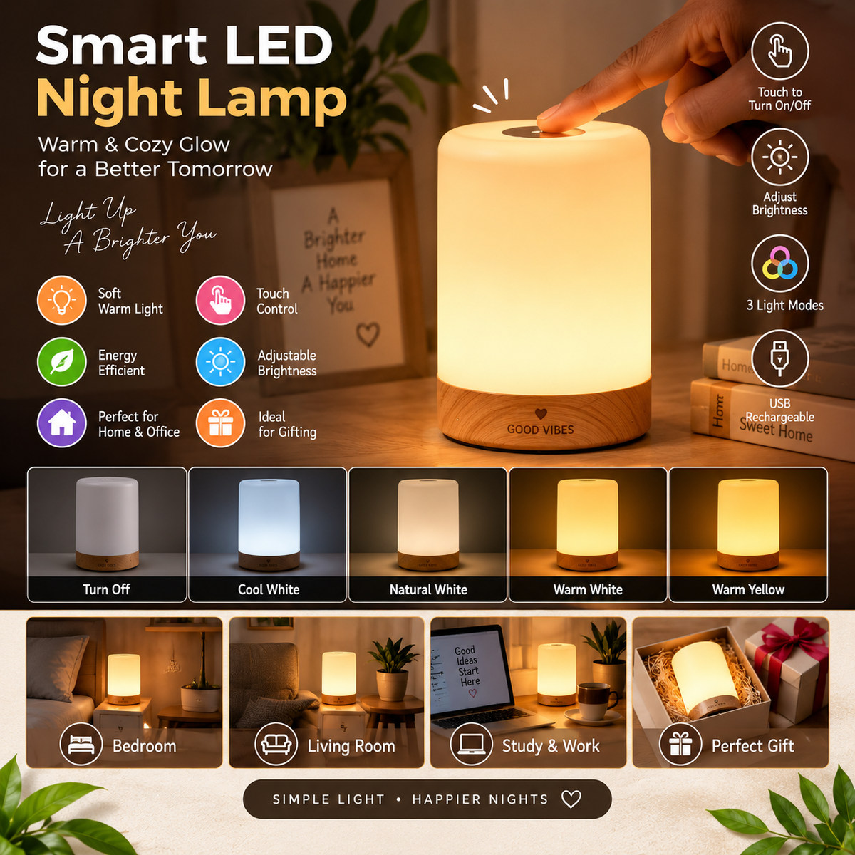 Smart LED Night Lamp – Warm & Cozy Glow